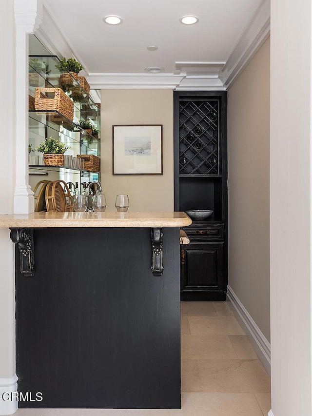 15450 Briarwood Dr, Sherman Oaks, CA 91403 - bar with ornamental molding, baseboards, and recessed lighting
