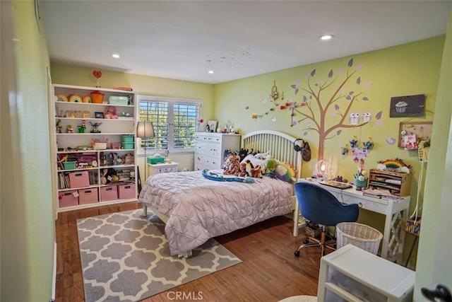 bedroom with wood finished floors, a desk, and recessed lighting