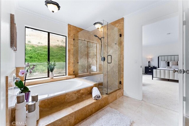 28705 Charreadas, Laguna Niguel, CA 92677 - full bathroom featuring a bath, a shower stall, ensuite bathroom, ornamental molding, and marble look tiles
