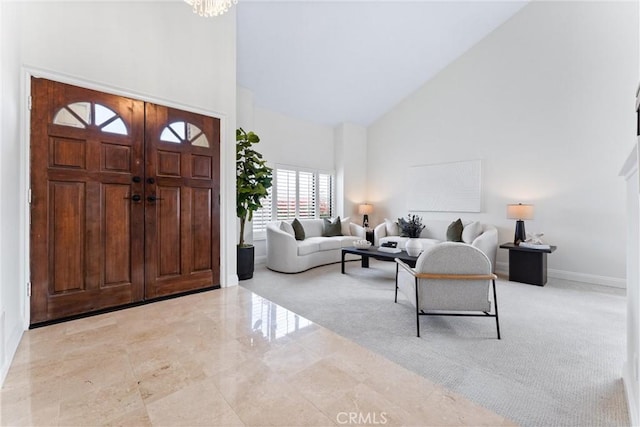 28705 Charreadas, Laguna Niguel, CA 92677 - entrance foyer with high vaulted ceiling, baseboards, and a chandelier
