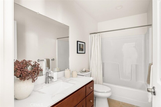 6333 Graham Rd, Paradise, CA 95969 - bathroom with shower / bathtub combination with curtain, vanity, toilet, and tile patterned flooring
