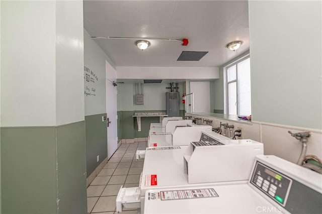 140 Linden Ave Unit 615, Long Beach, CA 90802 - washroom featuring light tile patterned flooring, water heater, and a wainscoted wall