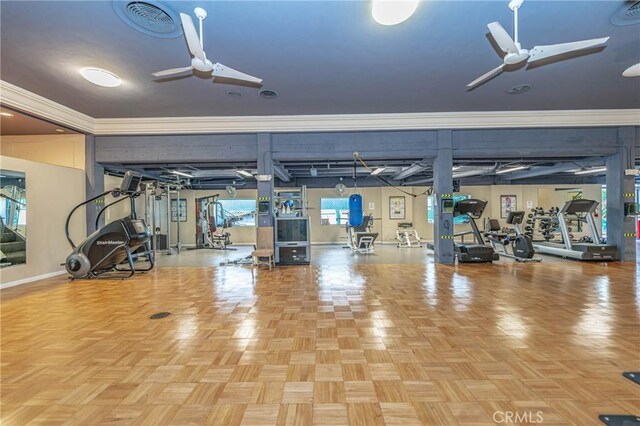 140 Linden Ave Unit 615, Long Beach, CA 90802 - gym featuring ceiling fan, crown molding, and baseboards