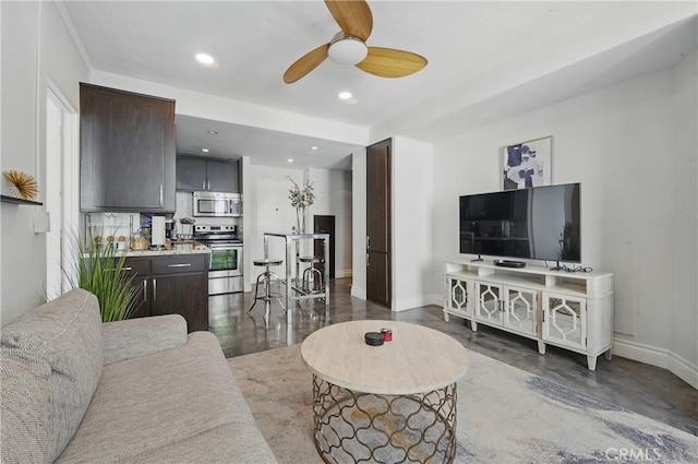 140 Linden Ave Unit 615, Long Beach, CA 90802 - living room with ceiling fan, baseboards, wood finished floors, and recessed lighting