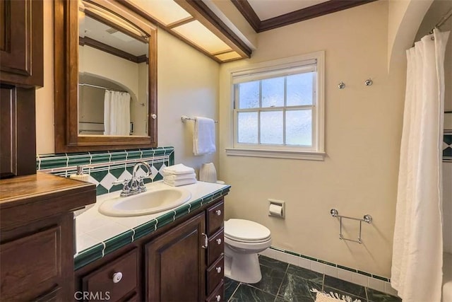 1443 Iris St, San Luis Obispo, CA 93401 - bathroom with ornamental molding, toilet, backsplash, vanity, and baseboard heating