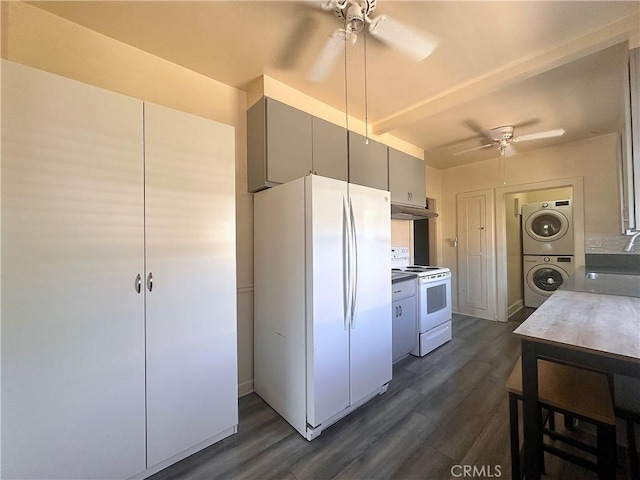 551 W Walnut Ave, Monrovia, CA 91016 - kitchen with white appliances, ceiling fan, stacked washer / drying machine, under cabinet range hood, and a sink