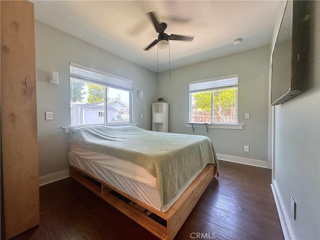 551 W Walnut Ave, Monrovia, CA 91016 - bedroom featuring dark wood-style floors, baseboards, a ceiling fan, and access to outside