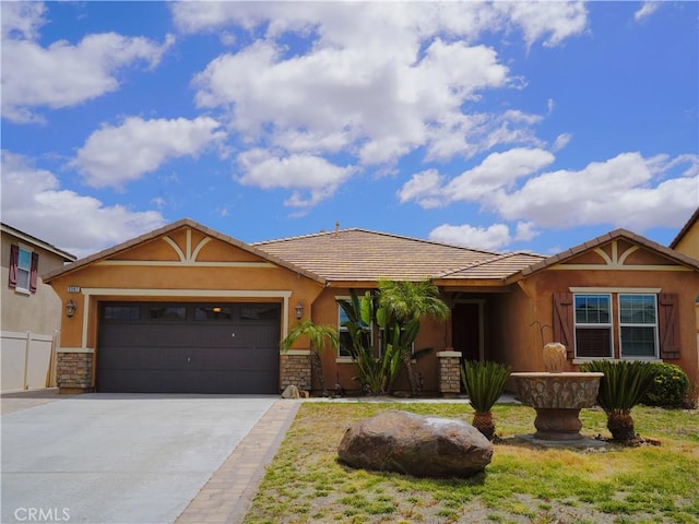 3397 Sequoia Ct, Perris, CA 92570 - ranch-style house featuring concrete driveway, stucco siding, an attached garage, and stone siding