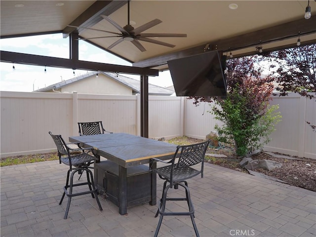 3397 Sequoia Ct, Perris, CA 92570 - fenced backyard featuring a ceiling fan, outdoor dining space, and a patio