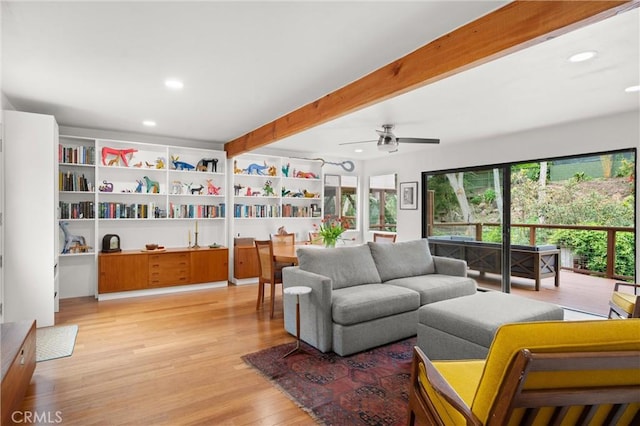 645 Griffith Way, Laguna Beach, CA 92651 - living room featuring recessed lighting, beamed ceiling, light wood-type flooring, and ceiling fan