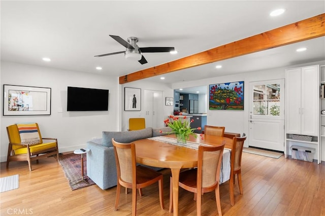 645 Griffith Way, Laguna Beach, CA 92651 - dining room with beam ceiling, recessed lighting, light wood-style floors, a ceiling fan, and baseboards