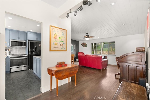 645 Griffith Way, Laguna Beach, CA 92651 - living area featuring a ceiling fan, rail lighting, recessed lighting, dark wood-style flooring, and baseboards