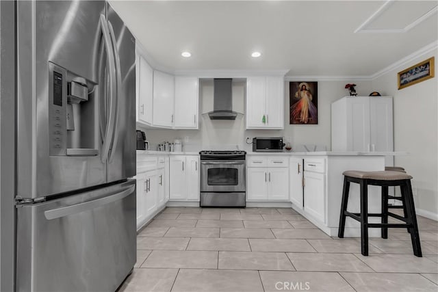 6038 Coke Ave, Long Beach, CA 90805 - kitchen featuring stainless steel appliances, wall chimney exhaust hood, a peninsula, crown molding, and light countertops