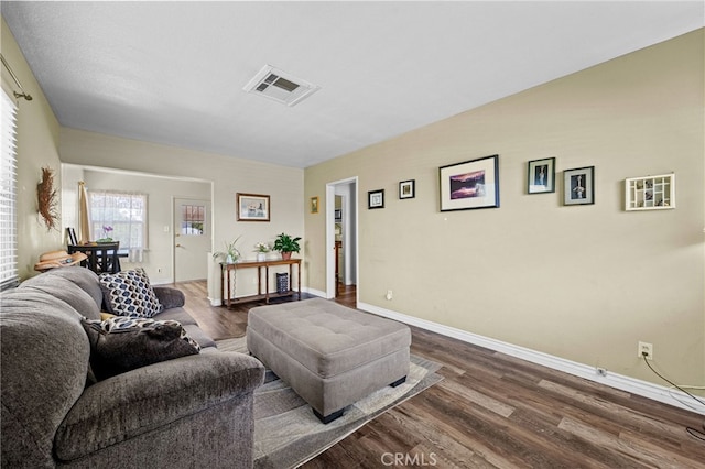 1980 N Sierra Way, San Bernardino, CA 92405 - living room featuring dark wood-style flooring and baseboards