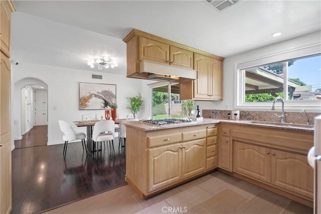 6028 Hart Ave, Temple City, CA 91780 - kitchen with a sink, under cabinet range hood, light stone countertops, light brown cabinets, and recessed lighting