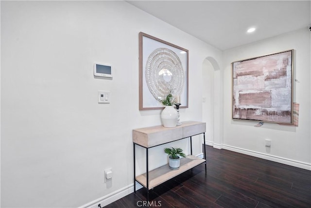6028 Hart Ave, Temple City, CA 91780 - hall featuring baseboards, dark wood-style flooring, arched walkways, and recessed lighting