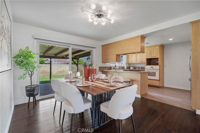 6028 Hart Ave, Temple City, CA 91780 - dining room with dark wood-style flooring, baseboards, a chandelier, and recessed lighting