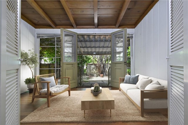 5625 Matilija Ave, Valley Glen, CA 91401 - sunroom / solarium featuring beamed ceiling, an outdoor hangout area, and plenty of natural light