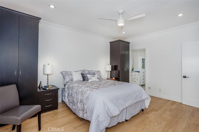 1115 S Elm Dr Unit 510, Los Angeles, CA 90035 - bedroom featuring crown molding, light wood-type flooring, recessed lighting, baseboards, and a ceiling fan