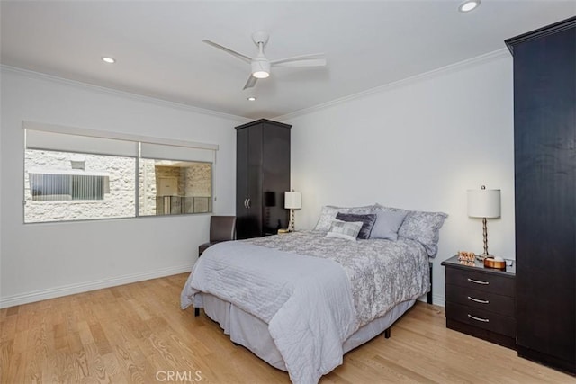 1115 S Elm Dr Unit 510, Los Angeles, CA 90035 - bedroom featuring ornamental molding, light wood finished floors, baseboards, recessed lighting, and ceiling fan