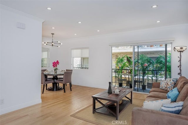 1115 S Elm Dr Unit 510, Los Angeles, CA 90035 - living area with ornamental molding, healthy amount of natural light, light wood-style flooring, a chandelier, and recessed lighting