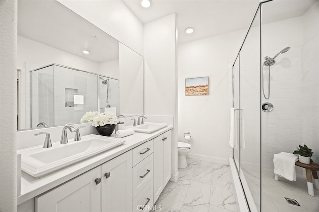 2639 Glamis Ct, Arcadia, CA 91007 - bathroom with marble look tiles, a stall shower, double vanity, recessed lighting, and toilet