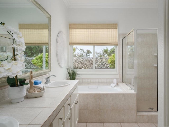 1002 Alexandra Ln, Encinitas, CA 92024 - full bathroom with vanity, a stall shower, a bath, crown molding, and tile patterned floors