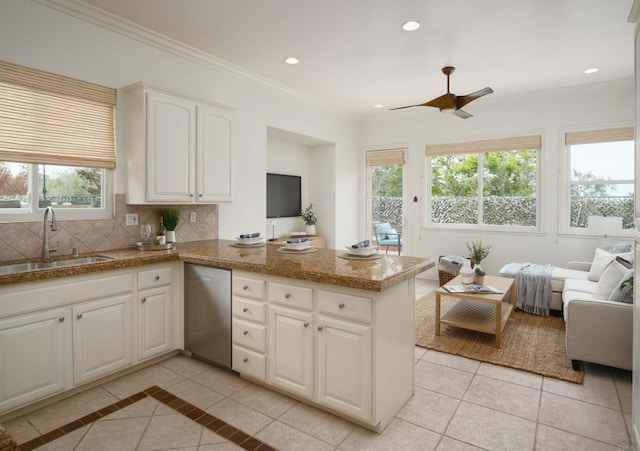 1002 Alexandra Ln, Encinitas, CA 92024 - kitchen featuring a sink, stainless steel dishwasher, a peninsula, light tile patterned floors, and ceiling fan