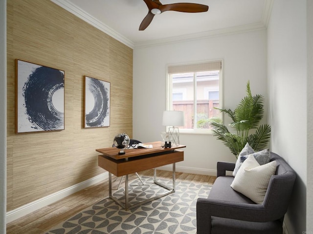 1002 Alexandra Ln, Encinitas, CA 92024 - office space featuring baseboards, wood finished floors, crown molding, an accent wall, and a ceiling fan