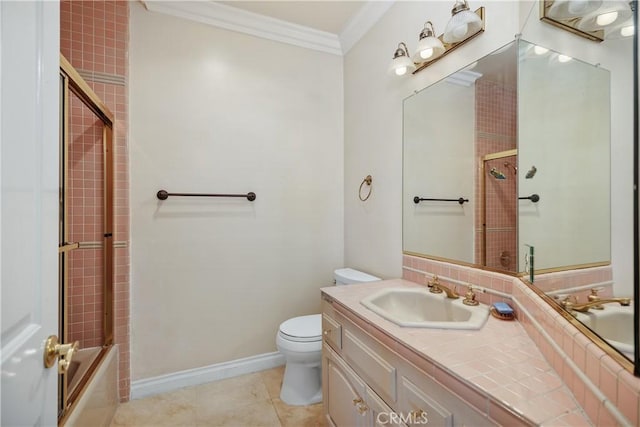 3211 E Mandeville Pl, Orange, CA 92867 - bathroom with crown molding, toilet, vanity, tile patterned floors, and shower / washtub combination