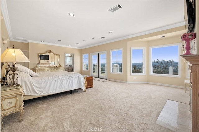 3211 E Mandeville Pl, Orange, CA 92867 - carpeted bedroom with ornamental molding, access to exterior, recessed lighting, and baseboards