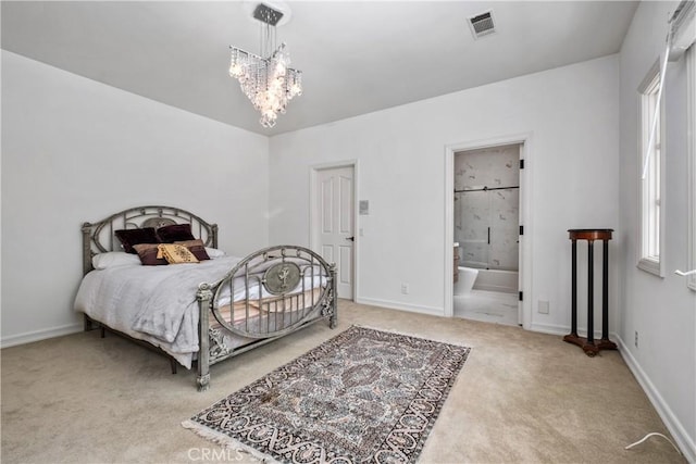 3211 E Mandeville Pl, Orange, CA 92867 - carpeted bedroom featuring a chandelier, baseboards, and ensuite bath