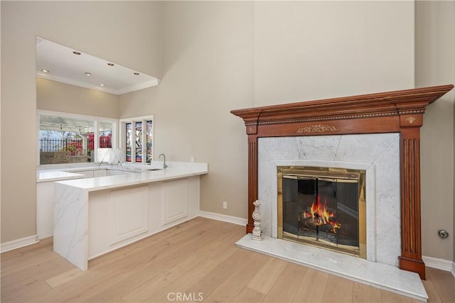 3211 E Mandeville Pl, Orange, CA 92867 - living room featuring light wood-type flooring, ornamental molding, a fireplace, baseboards, and a towering ceiling