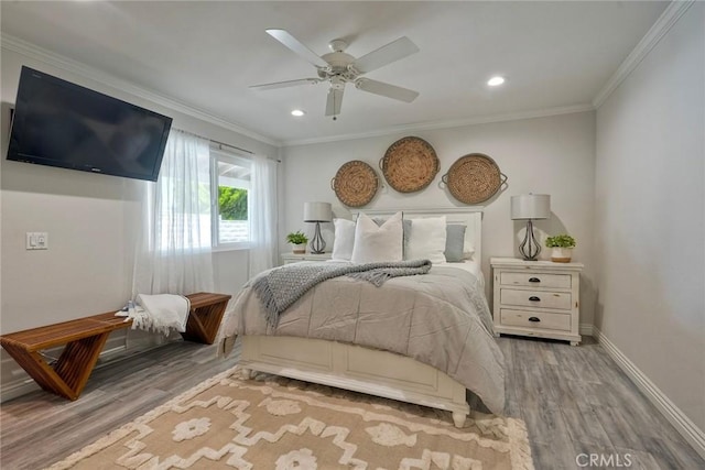 4273 Spoon Bill Way, Oceanside, CA 92057 - bedroom featuring wood finished floors, ornamental molding, baseboards, recessed lighting, and a ceiling fan