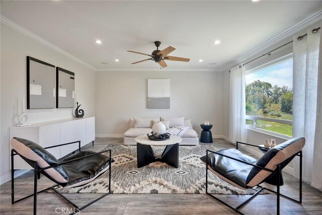 4273 Spoon Bill Way, Oceanside, CA 92057 - living room with recessed lighting, baseboards, ceiling fan, crown molding, and wood finished floors