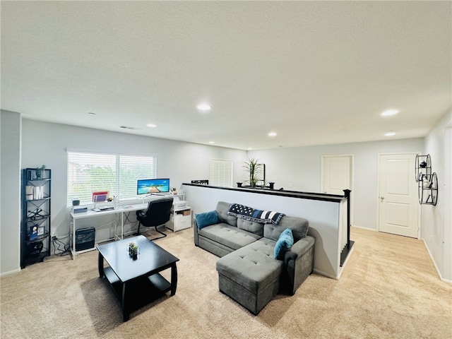 4772 Marrieta St, Jurupa Valley, CA 91752 - living room featuring light colored carpet, an office area, recessed lighting, and baseboards