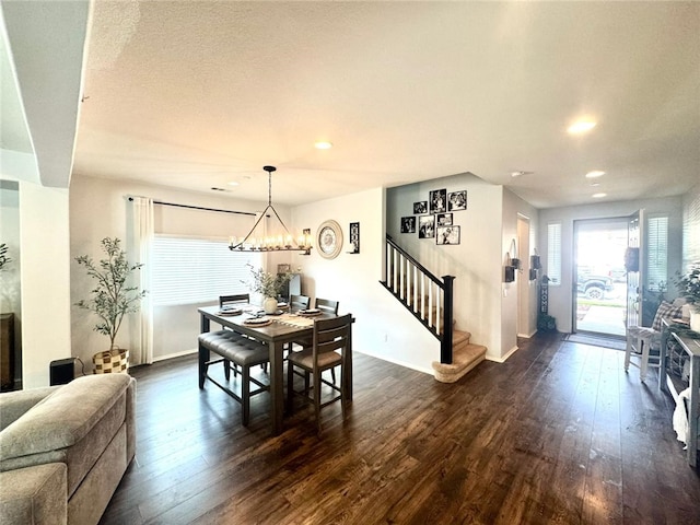 4772 Marrieta St, Jurupa Valley, CA 91752 - dining area with stairway, dark wood finished floors, a chandelier, baseboards, and recessed lighting