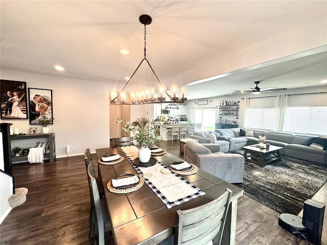4772 Marrieta St, Jurupa Valley, CA 91752 - dining room featuring a chandelier, wood finished floors, a ceiling fan, recessed lighting, and baseboards