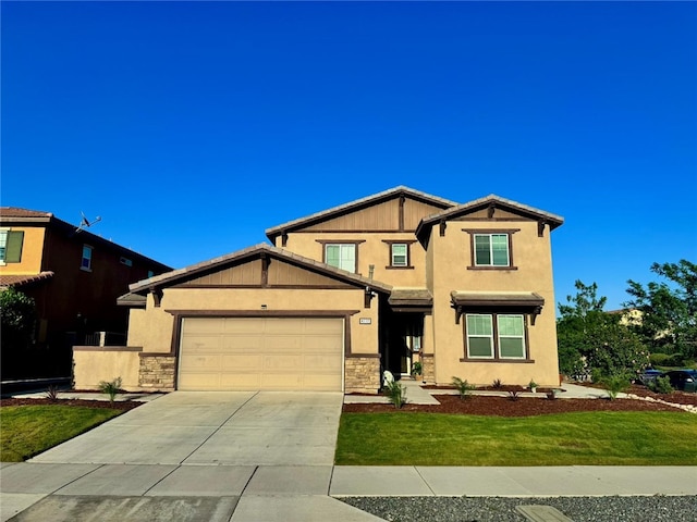 4772 Marrieta St, Jurupa Valley, CA 91752 - view of front of house with an attached garage, stone siding, driveway, a front lawn, and stucco siding