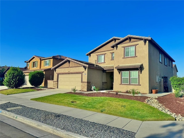 4772 Marrieta St, Jurupa Valley, CA 91752 - craftsman house with stucco siding, a garage, driveway, a front lawn, and stone siding