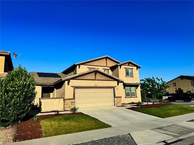 4772 Marrieta St, Jurupa Valley, CA 91752 - craftsman inspired home featuring stone siding, an attached garage, concrete driveway, solar panels, and stucco siding
