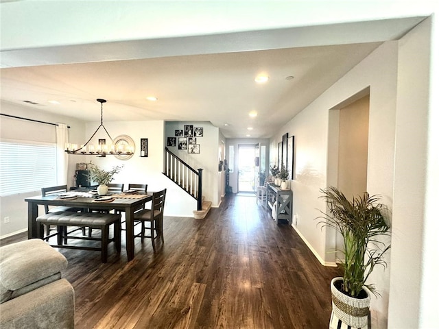 4772 Marrieta St, Jurupa Valley, CA 91752 - dining space with stairs, wood finished floors, a chandelier, baseboards, and recessed lighting