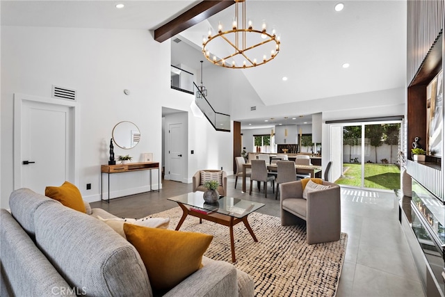 11 Bayside, Irvine, CA 92614 - living room featuring high vaulted ceiling, a chandelier, beamed ceiling, and recessed lighting