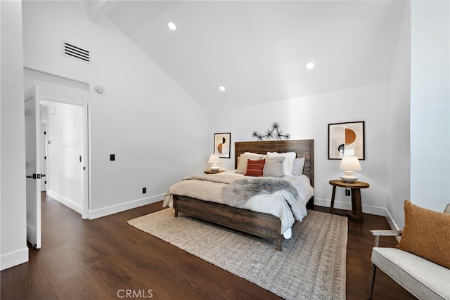 11 Bayside, Irvine, CA 92614 - bedroom with high vaulted ceiling, baseboards, dark wood-style flooring, and recessed lighting