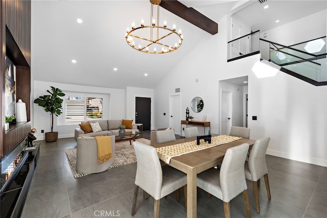 11 Bayside, Irvine, CA 92614 - dining room featuring high vaulted ceiling, a chandelier, beamed ceiling, baseboards, and recessed lighting