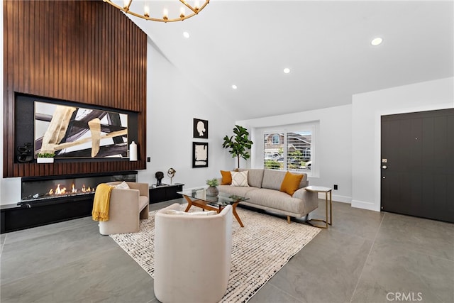 11 Bayside, Irvine, CA 92614 - living area featuring high vaulted ceiling, recessed lighting, baseboards, a chandelier, and concrete floors