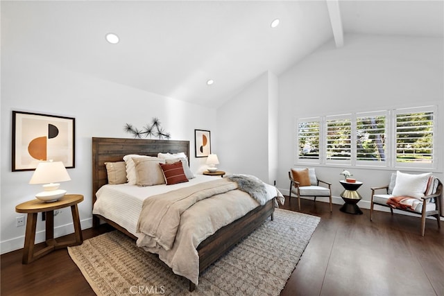 11 Bayside, Irvine, CA 92614 - bedroom with beam ceiling, high vaulted ceiling, recessed lighting, dark wood-style flooring, and baseboards