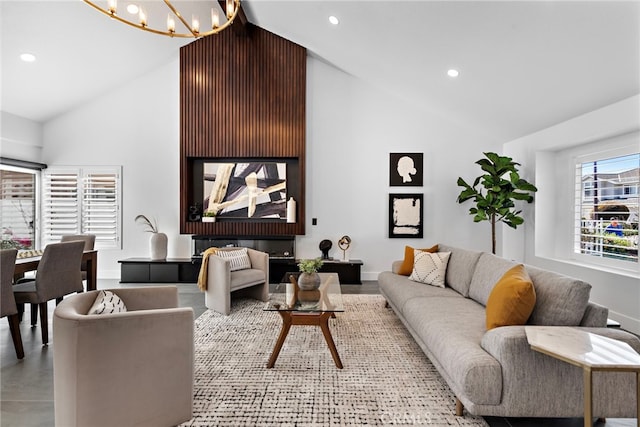 11 Bayside, Irvine, CA 92614 - living room featuring high vaulted ceiling, a chandelier, recessed lighting, and baseboards