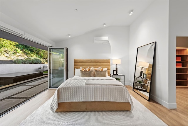 1318 Outrigger Dr, Corona Del Mar, CA 92625 - bedroom featuring vaulted ceiling, access to exterior, a wall mounted air conditioner, and wood finished floors