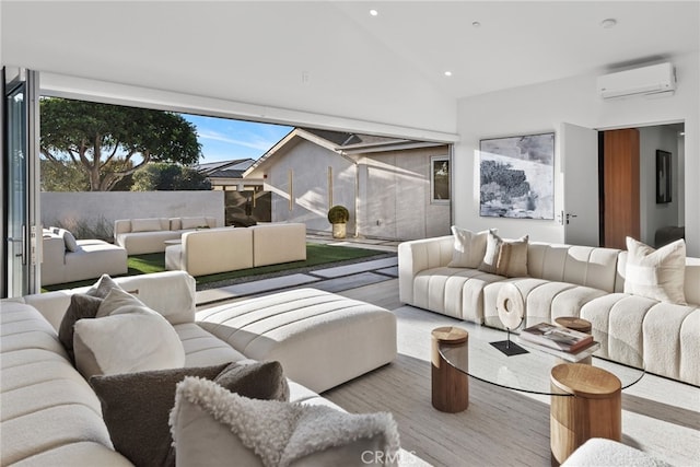 1318 Outrigger Dr, Corona Del Mar, CA 92625 - living area featuring a wall unit AC, wood finished floors, recessed lighting, and high vaulted ceiling